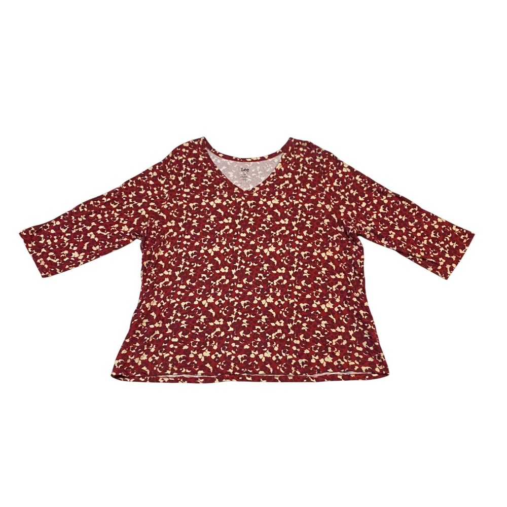 Lee Womens 2X Red Cream Abstract Print V-Neck 3/4 Sleeve Cotton Top WRT224M8